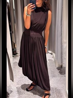 H&M EDITION NWT asymmetrical bubble hem Sleeveless Dark Brown Midi Maxi Dress
